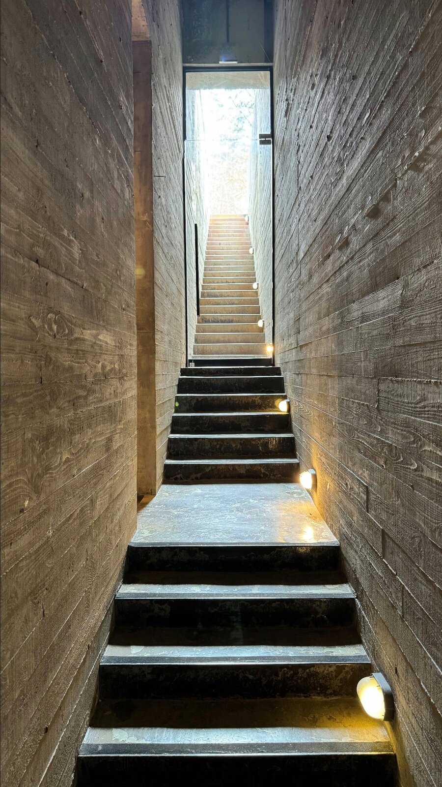 Concrete staircase ascending toward light between raw concrete walls — structure, direction and upward momentum.